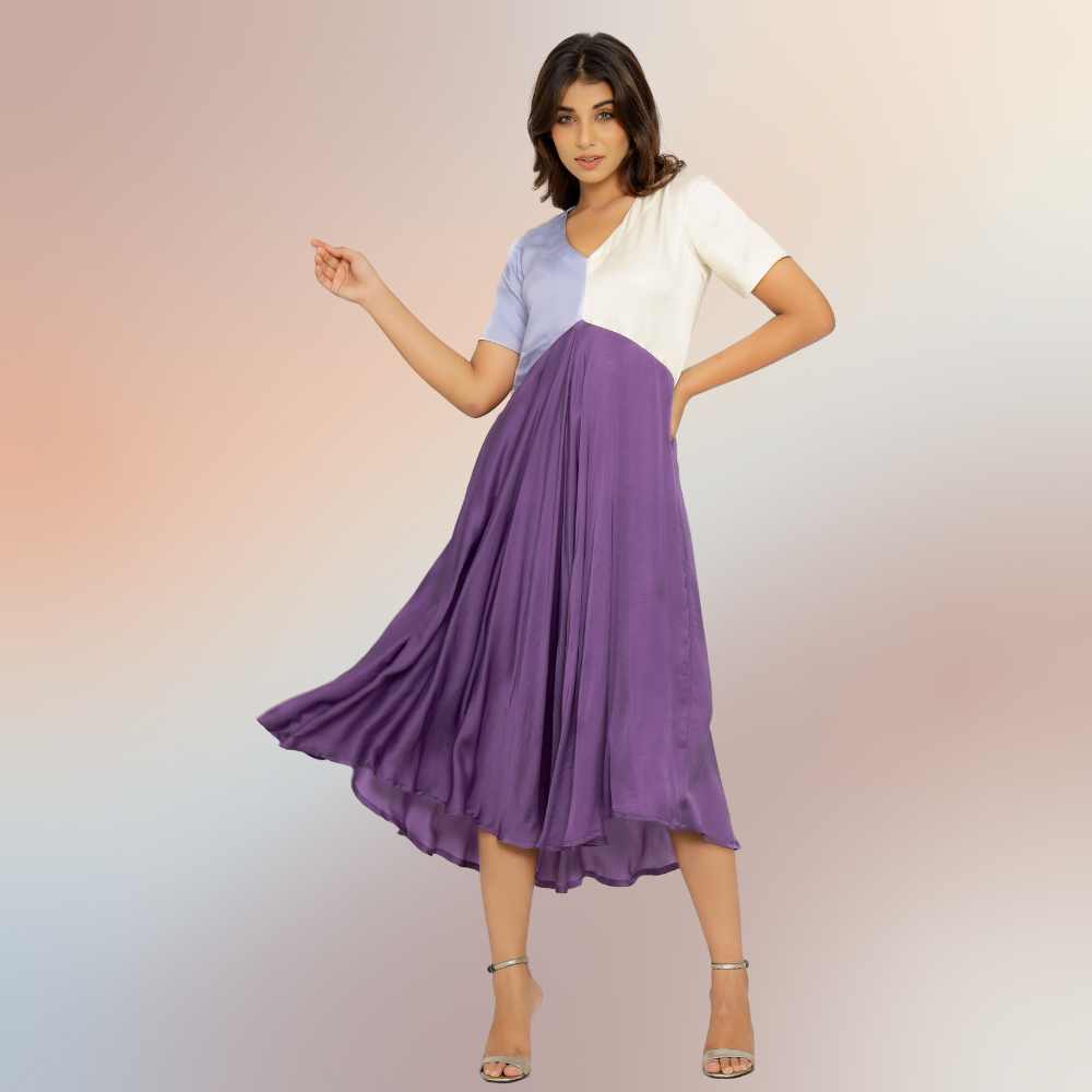 Purple-Lilac-Ivory Tri-Color Block Midi Dress Modal Silk