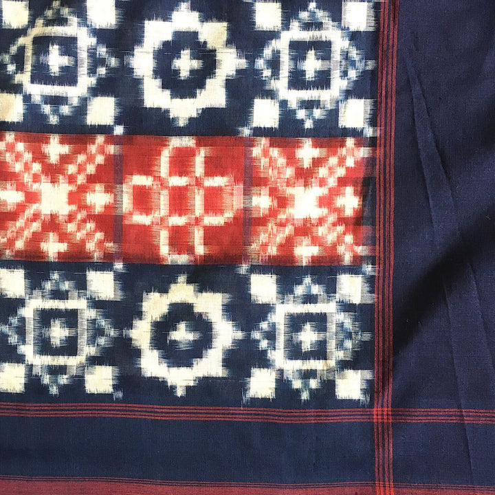 Indigo Blue & Red Pochampally Double Ikat Saree | Cotton | Timeless Grace