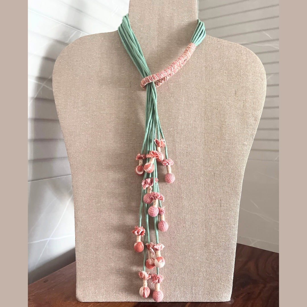 Boho Potli Women Necklace | Fabric Jewelry | Hand Crafted | Adjustable | Mint Green & Peach