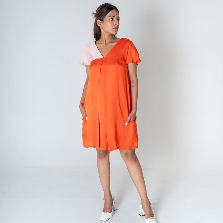 Orange-Pink Color-Block Short Dress | Modal | Minimalist And Chic