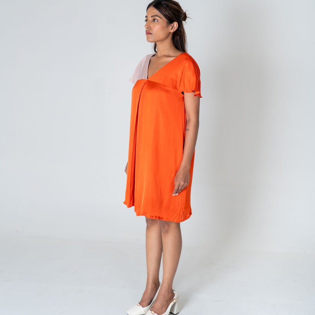 Orange-Pink Color-Block Short Dress | Modal | Minimalist And Chic