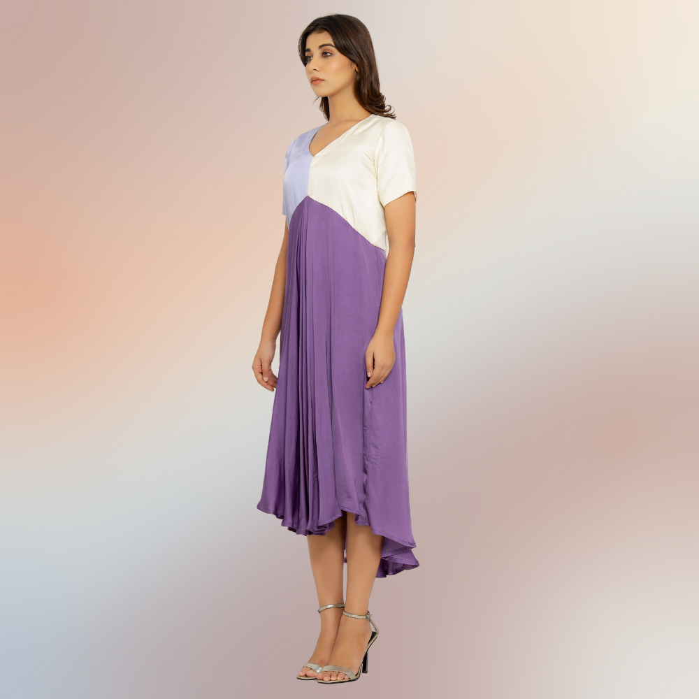 Purple-Lilac-Ivory Tri-Color Block Midi Dress | Modal Silk | Occasion Wear