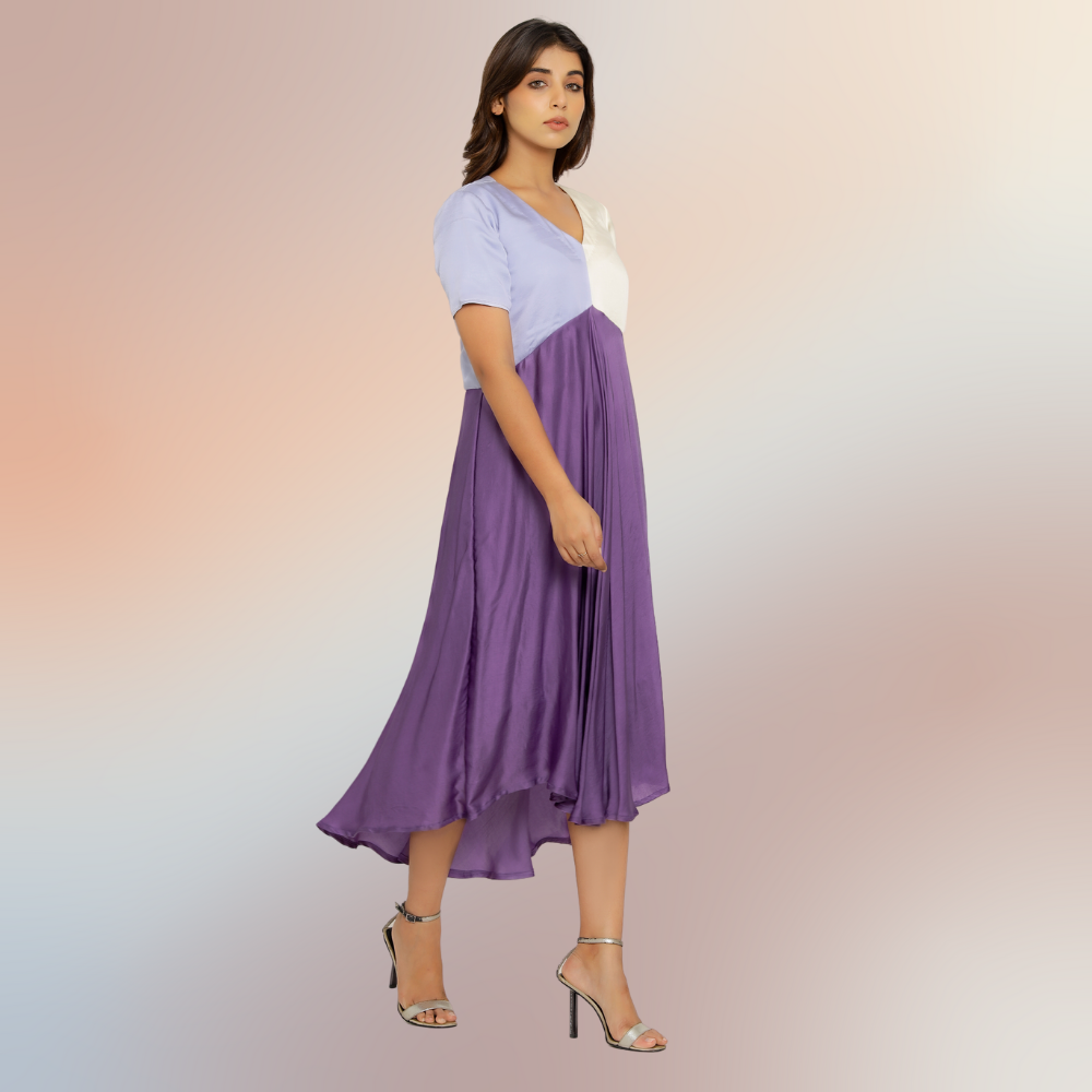 Purple-Lilac-Ivory Tri-Color Block Midi Dress | Modal Silk | Occasion Wear