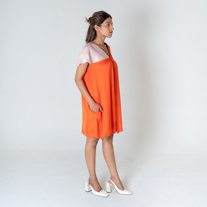 Orange-Pink Color-Block Short Dress | Modal | Minimalist And Chic