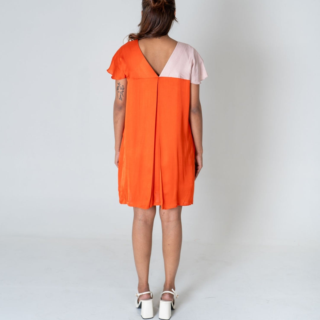 Orange-Pink Color-Block Short Dress | Modal | Minimalist And Chic