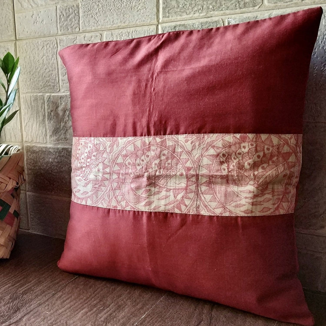 Maroon And Beige Cushion Cover | Madhubani Painted | 16" x 16"