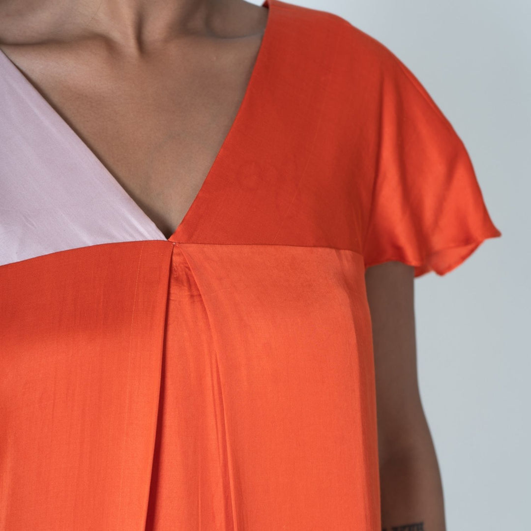 Orange-Pink Color-Block Short Dress | Modal | Minimalist And Chic