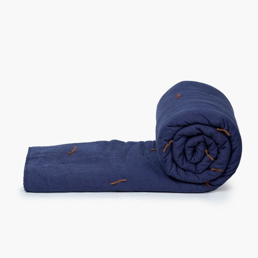 Classic Indigo Blue Hand-Tucked Quilt | Made of Moisture Wicking Eco Linen