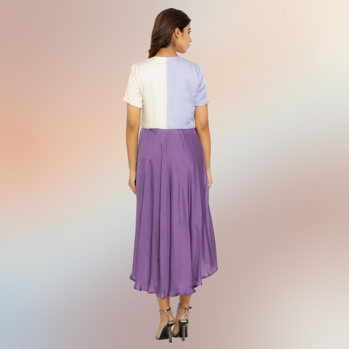 Purple-Lilac-Ivory Tri-Color Block Midi Dress | Modal Silk | Occasion Wear