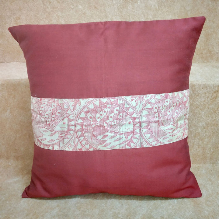 Maroon And Beige Cushion Cover | Madhubani Painted | 16" x 16"