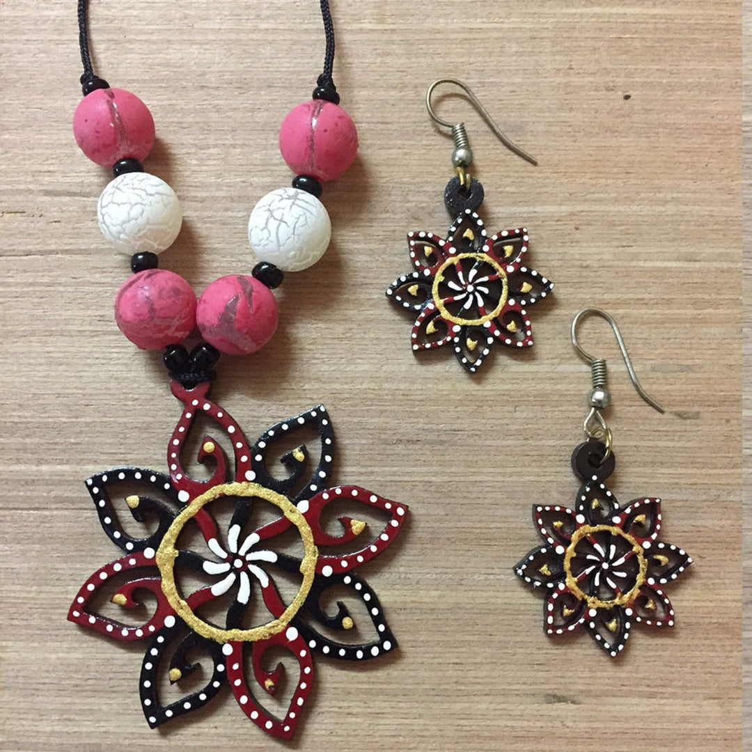 Red And Black Flower Jewelry Set | Tikuli Art Painting | Hand-Crafted Jewelry