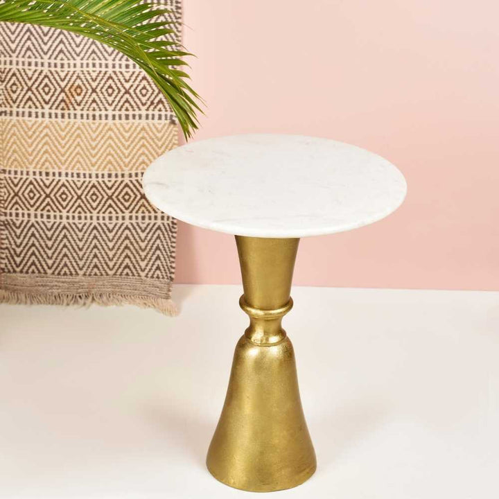 Marble Top End Table In Round | Minimalistic Design | Modern Accent Table | Gold Finish | 19 Inches Tall