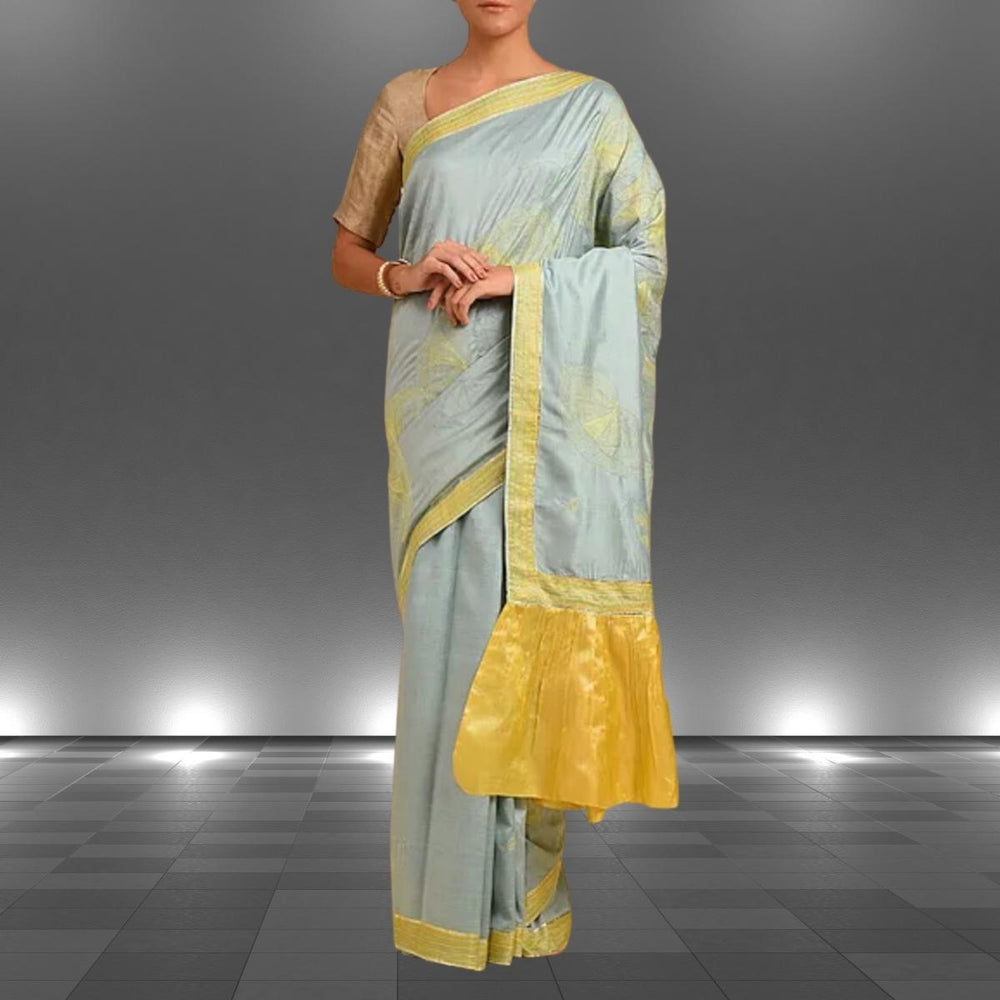 Sage Green & Saffron Yellow Pure Tussar Eri Silk Saree | Sujani Embroidered | Festive Wear | Gota Patti Work 