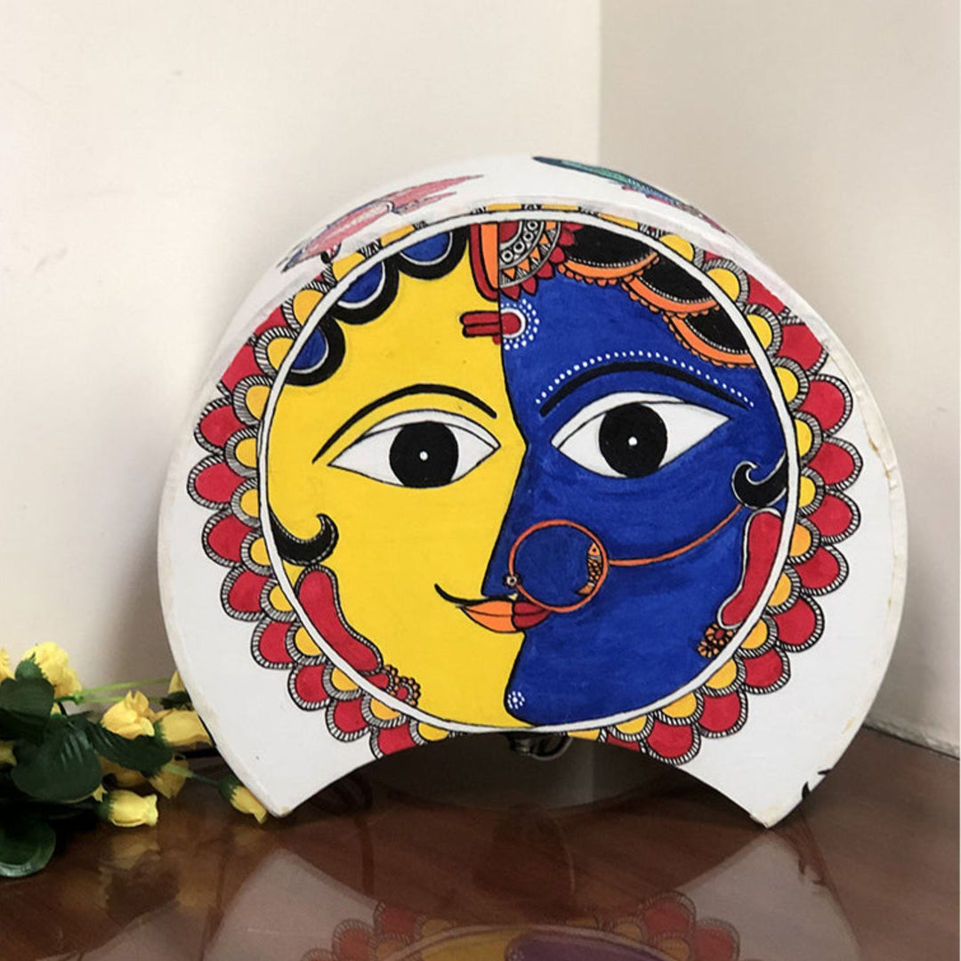 Madhubani Hand-Painted Face Table Lamp | Crescent Shape | 11 Inch