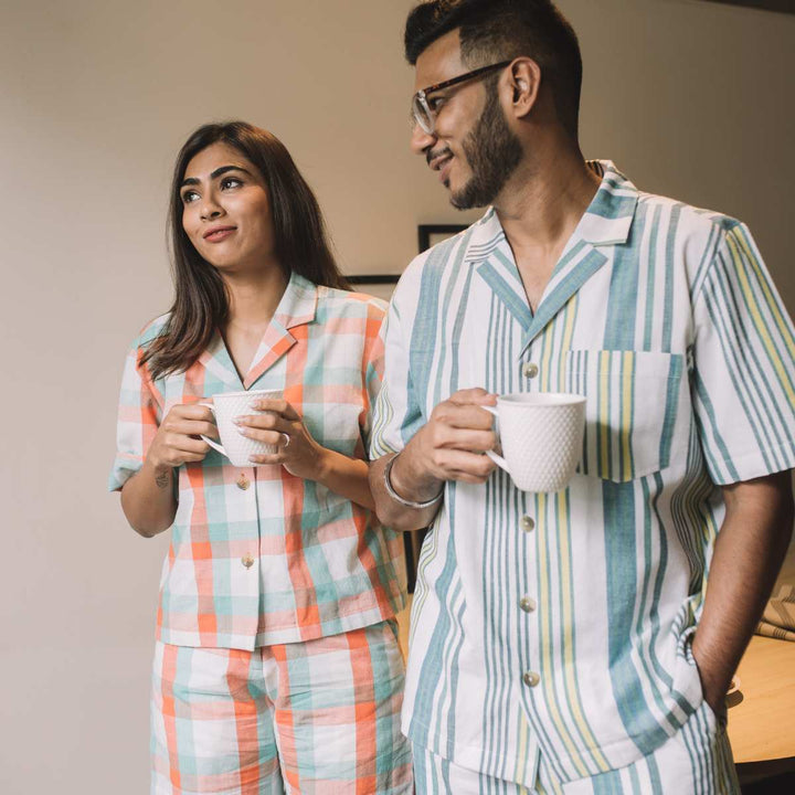 The Holiday Co-ord Set | Men | Stripes | Cropped Shirt W/ Shorts | Handwoven Cotton