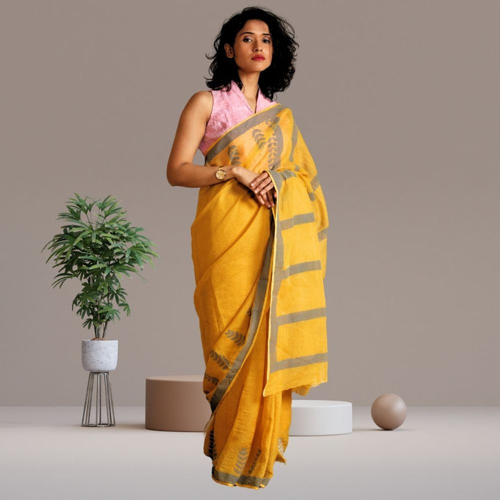 Rosa Saree | Kota | Hand Block Printed | Silk | Summery | Grey | Mustard Yellow