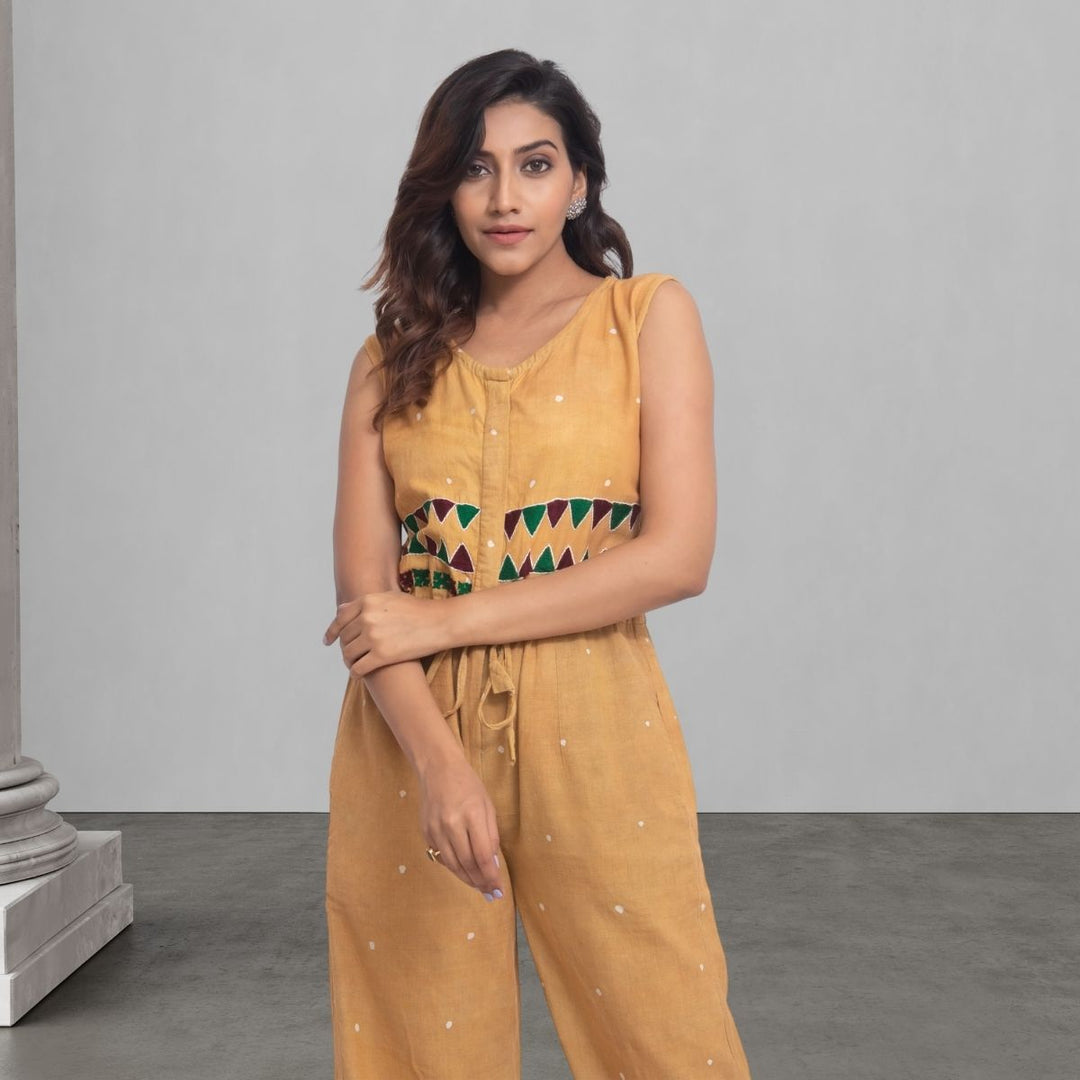 Muted Mustard Yellow Jumpsuit | Batik and Kantha Embroidered | Smart Casual