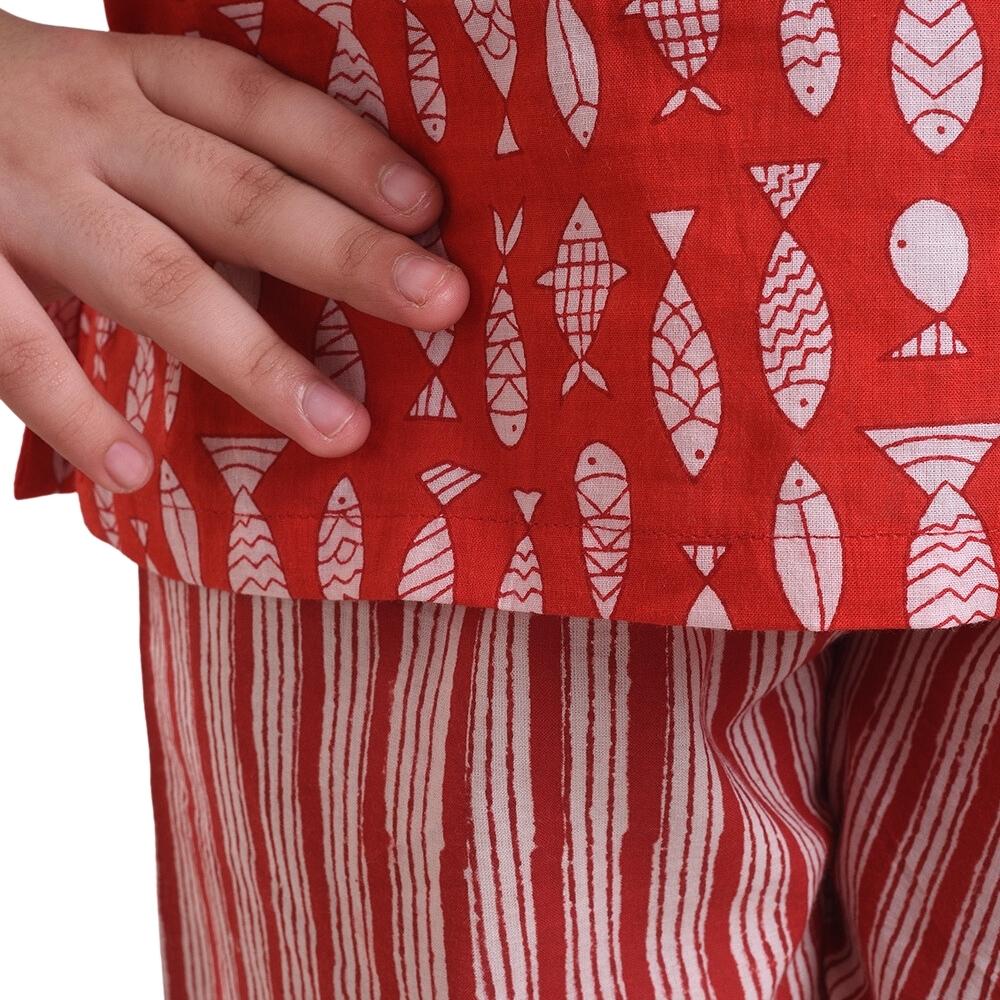 Red Crayon Set | Casual Wear | Cotton | Print And Strip | Woven | Red And White