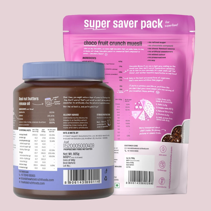 SUPERSAVER Breakfast Combo - Dark Chocolate Peanut Butter Crunchy (925g) + Choco Fruit Crunch Muesli (750g) - With Real Chocolate - No Added Sugar - No Preservatives