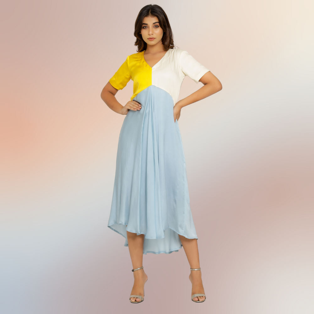 Yellow-Ice Blue-Ivory Tri-Color Block Midi Dress | Modal Silk | Occasion Wear