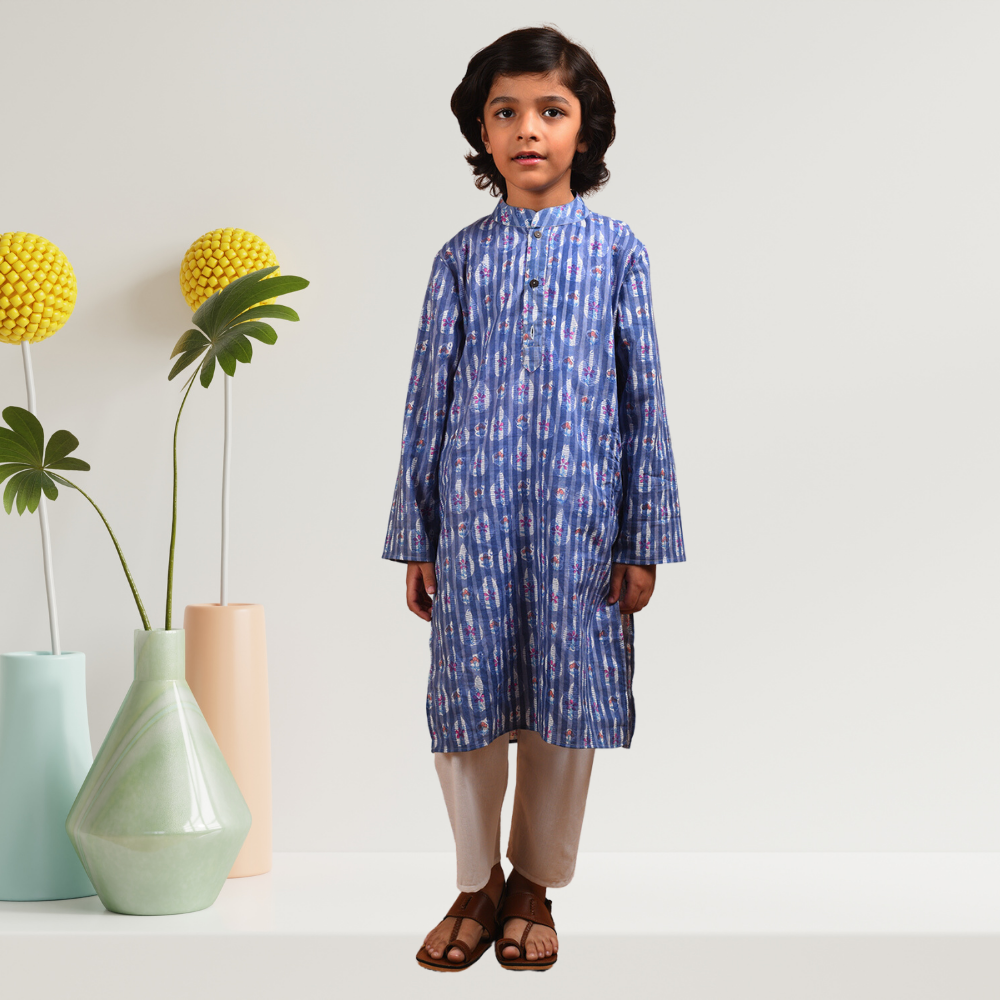 Bluebell Kurta Set  |  Boys Ethnic Kurta Set  |  Festive Wear  |  Cotton  |  Blue And White |  Set Of 2