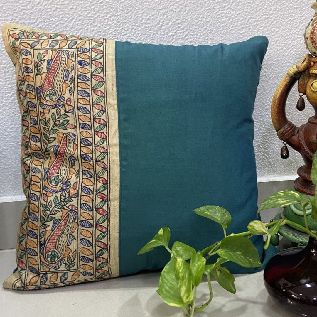 Teal Madhubani Cushion Cover | Hand-Painted | Festive Decor | 16" x 16"