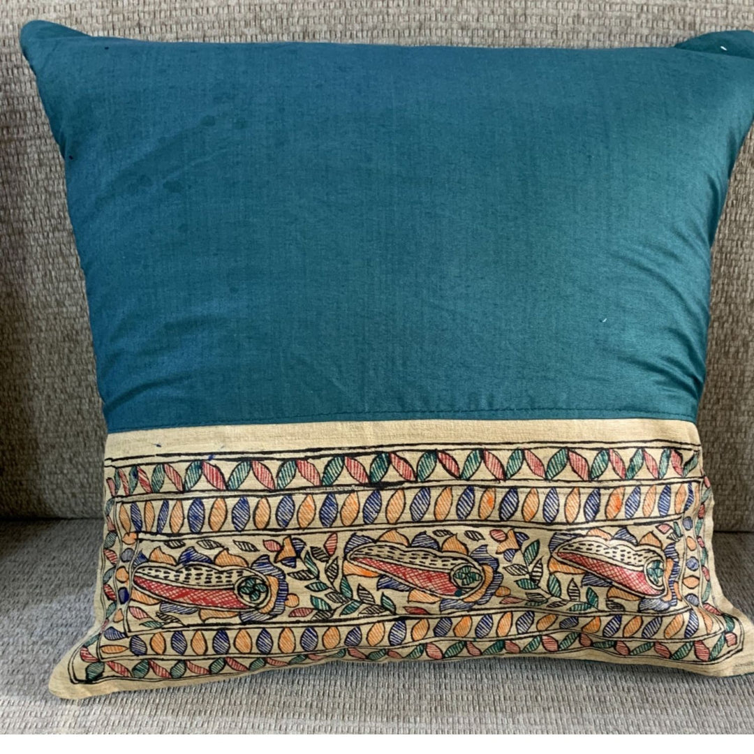 Teal Madhubani Cushion Cover | Hand-Painted | Festive Decor | 16" x 16"