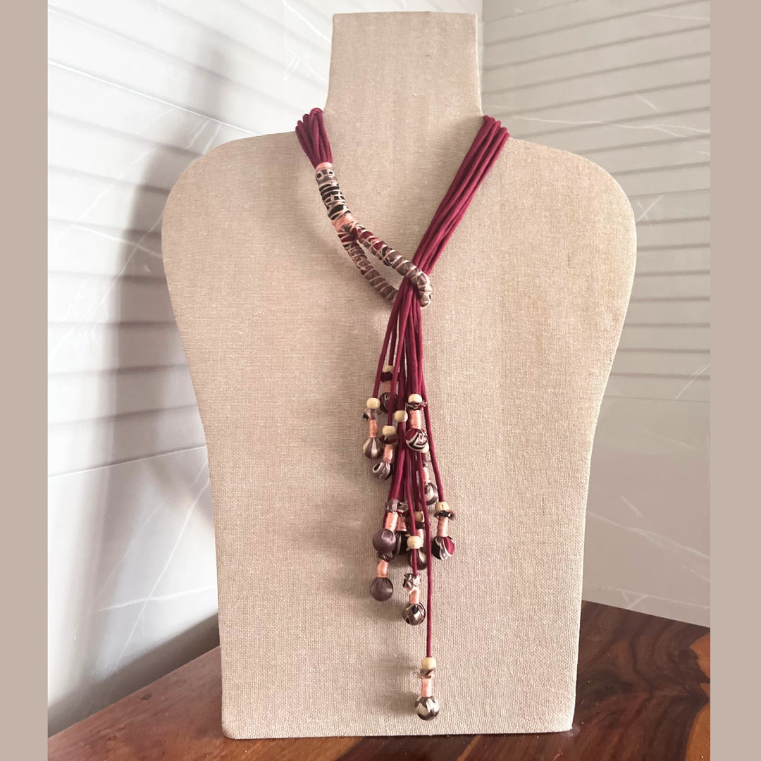 Bohemian Potli Necklace | Chic | Adjustable | Hand Crafted | Maroon & Taupe