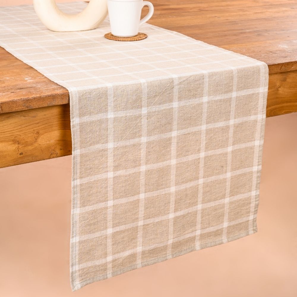 Check Table Runner | Explore Liveliness In Dining with Neutral & White Linen Drape