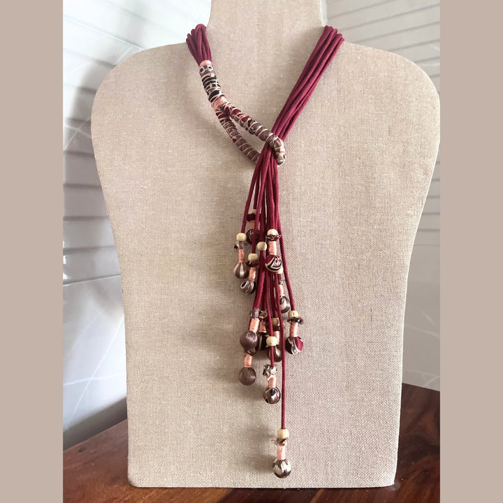 Bohemian Potli Necklace | Chic | Adjustable | Hand Crafted | Maroon & Taupe