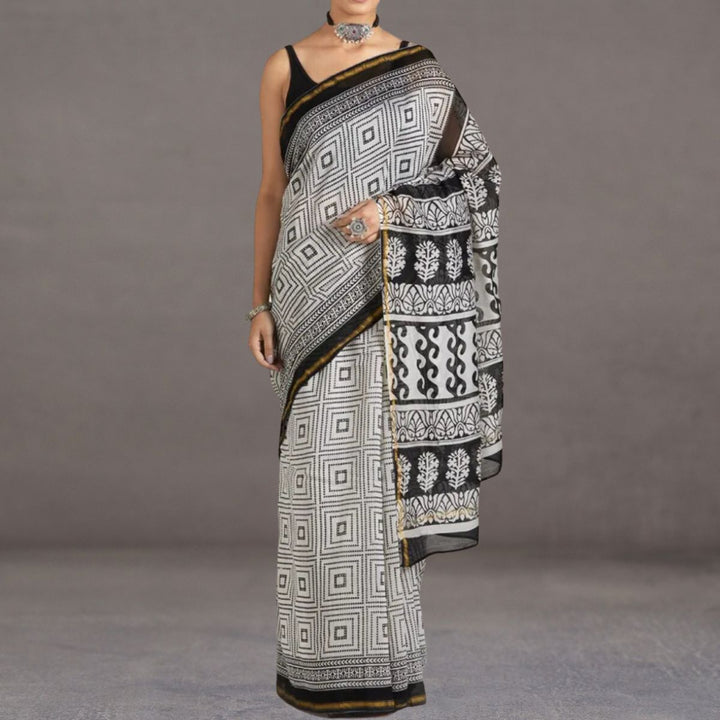 Chanderi Silk Cotton Saree | Hand Block Printed | Black And White | Formal Wear