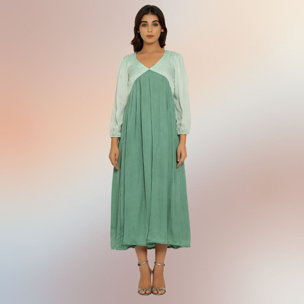 Teal Green-Tea Green Colour Block Maxi Dress | Bemberg Modal Silk | Sustainable