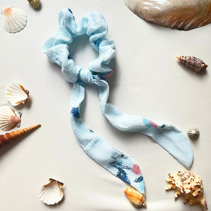 Scarf Scrunchies For Women | Nor Hair Breakage | Sequin Embellishment | Ice Blue