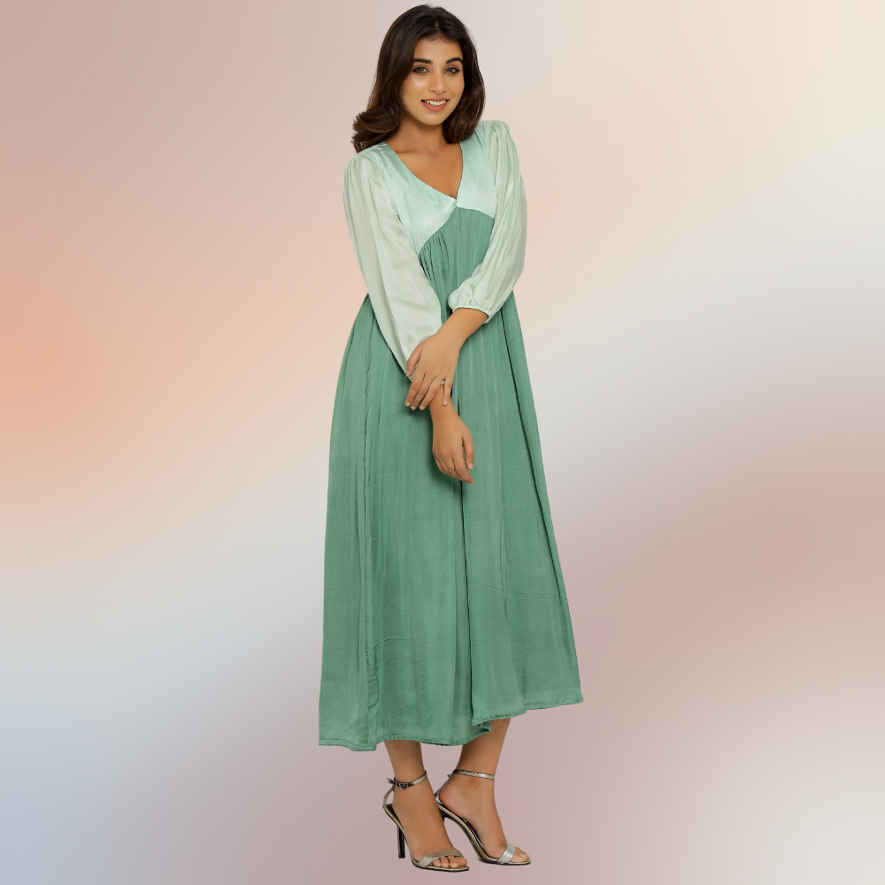 Teal Green-Tea Green Colour Block Maxi Dress | Bemberg Modal Silk | Sustainable