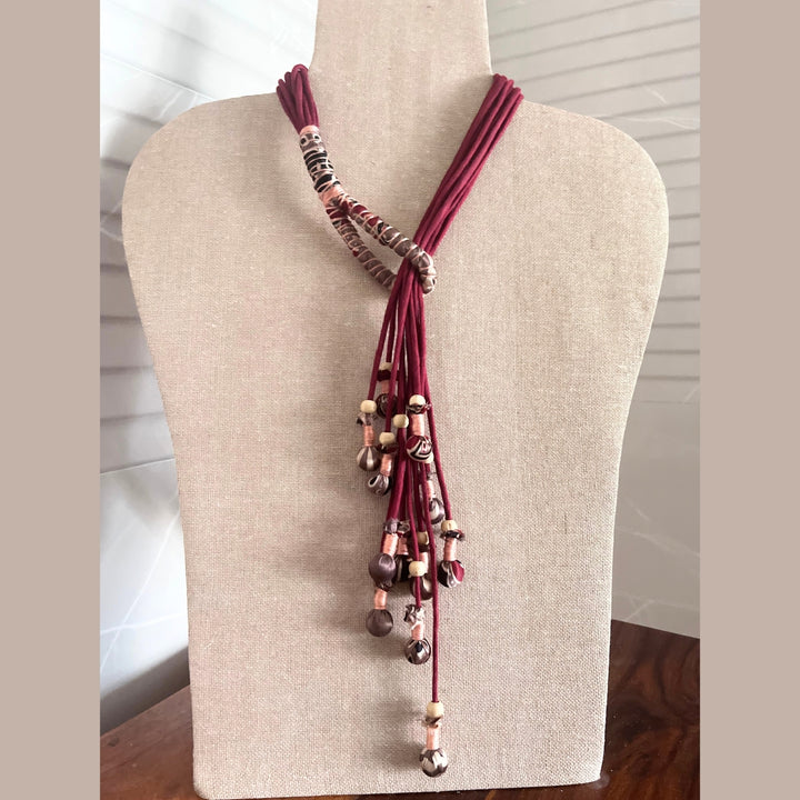 Bohemian Potli Necklace | Chic | Adjustable | Hand Crafted | Maroon & Taupe