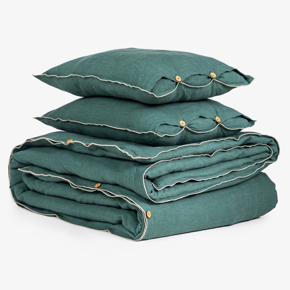 Bottle Green Linen Duvet Cover Set | Edge Needling & Coconut Buttons | Easy Care