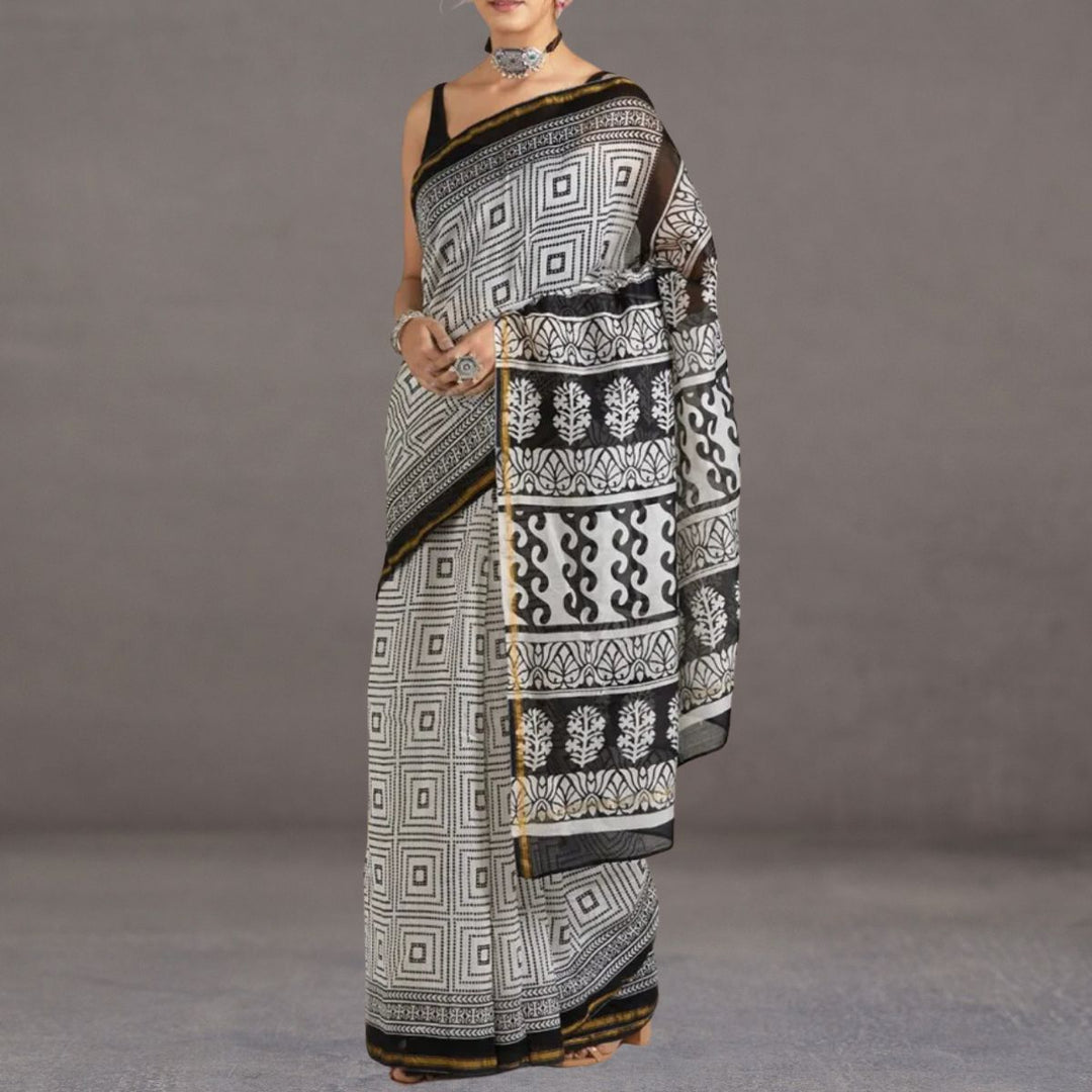 Chanderi Silk Cotton Saree | Hand Block Printed | Black And White | Formal Wear