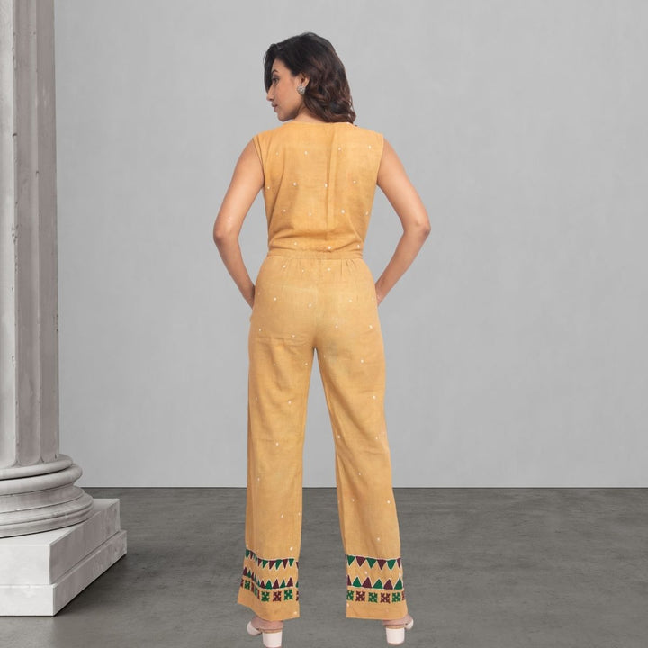 Muted Mustard Yellow Jumpsuit | Batik and Kantha Embroidered | Smart Casual