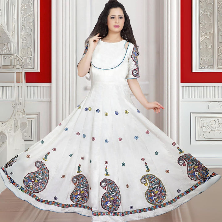 Shwet Kerry Tussar Eri Silk Anarkali | Madhubani Hand-Painted | Serene White & Blue