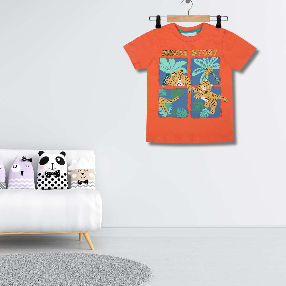 Jungle Story Short Sleeves Boys T-Shirt | Comfort fit |Soft Cotton | Natural | Orange