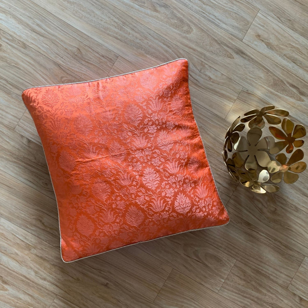 Coral Red Banarasi Cushion Cover | For Luxurious Decor | 16" x 16"