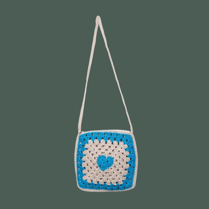 Women Square Sling Bag | Hand-Crochet | Cotton Yarn | Off White & Blue