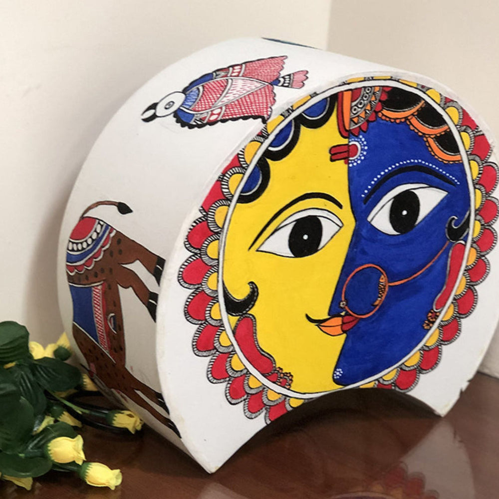 Madhubani Hand-Painted Face Table Lamp | Crescent Shape | 11 Inch