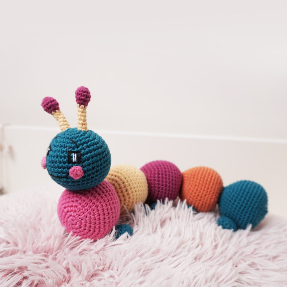 Cute Caterpillar Soft Toy for Babies | Hand Made of Crochet | Kids Safe | Multi-Colour