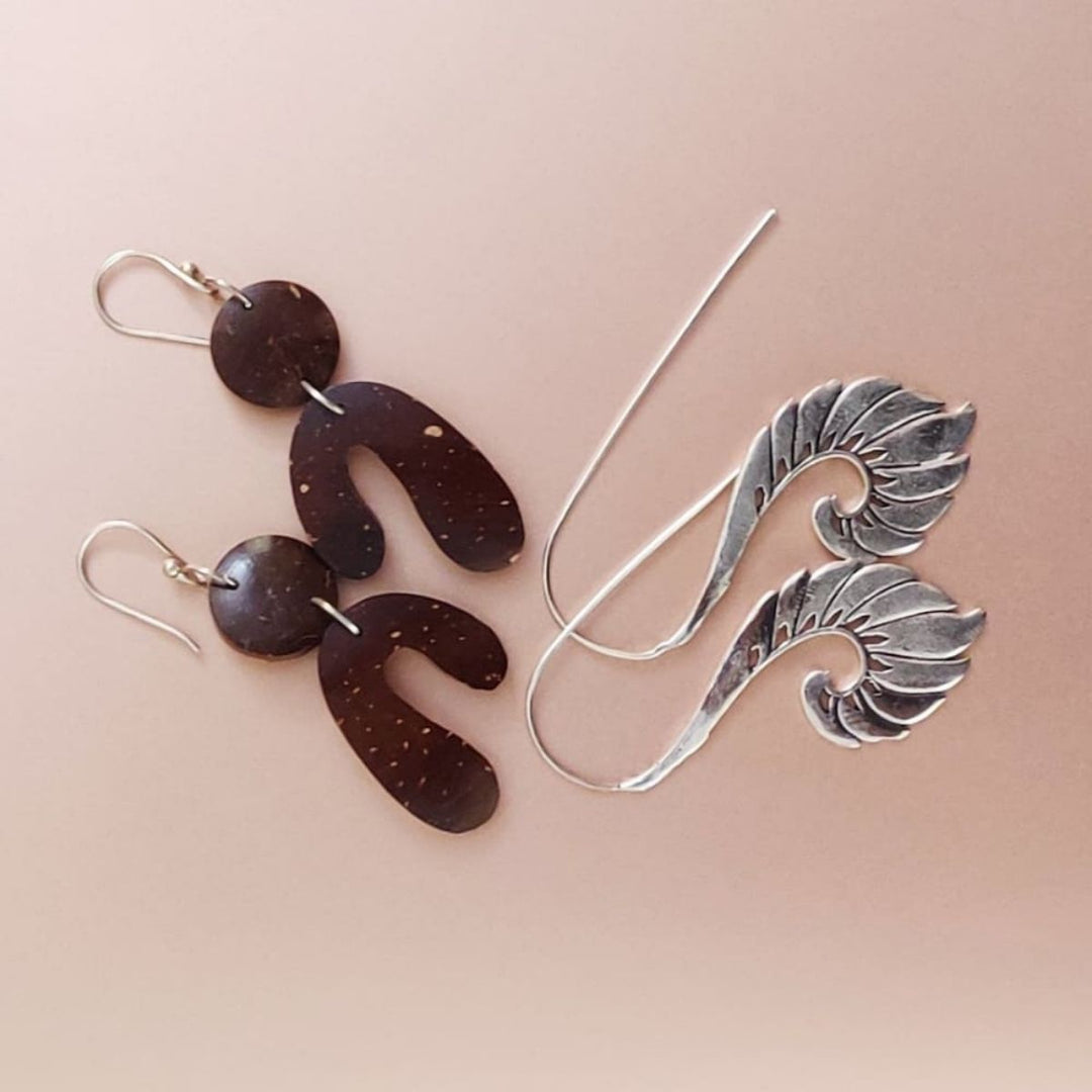 Coconut Shell Dangler & Silver Plated Brass Metal Earrings | Combo Set Of 2