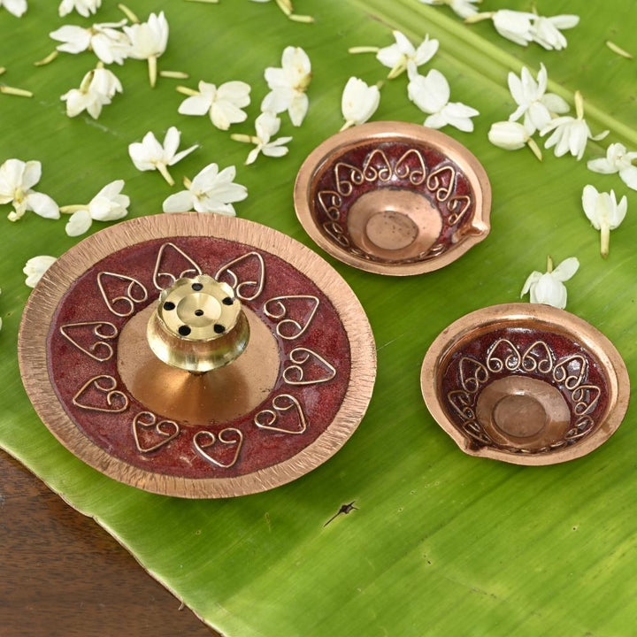 Archana Festive Diya & Agarbatti Stand | Copper Ware | Combo Of 3