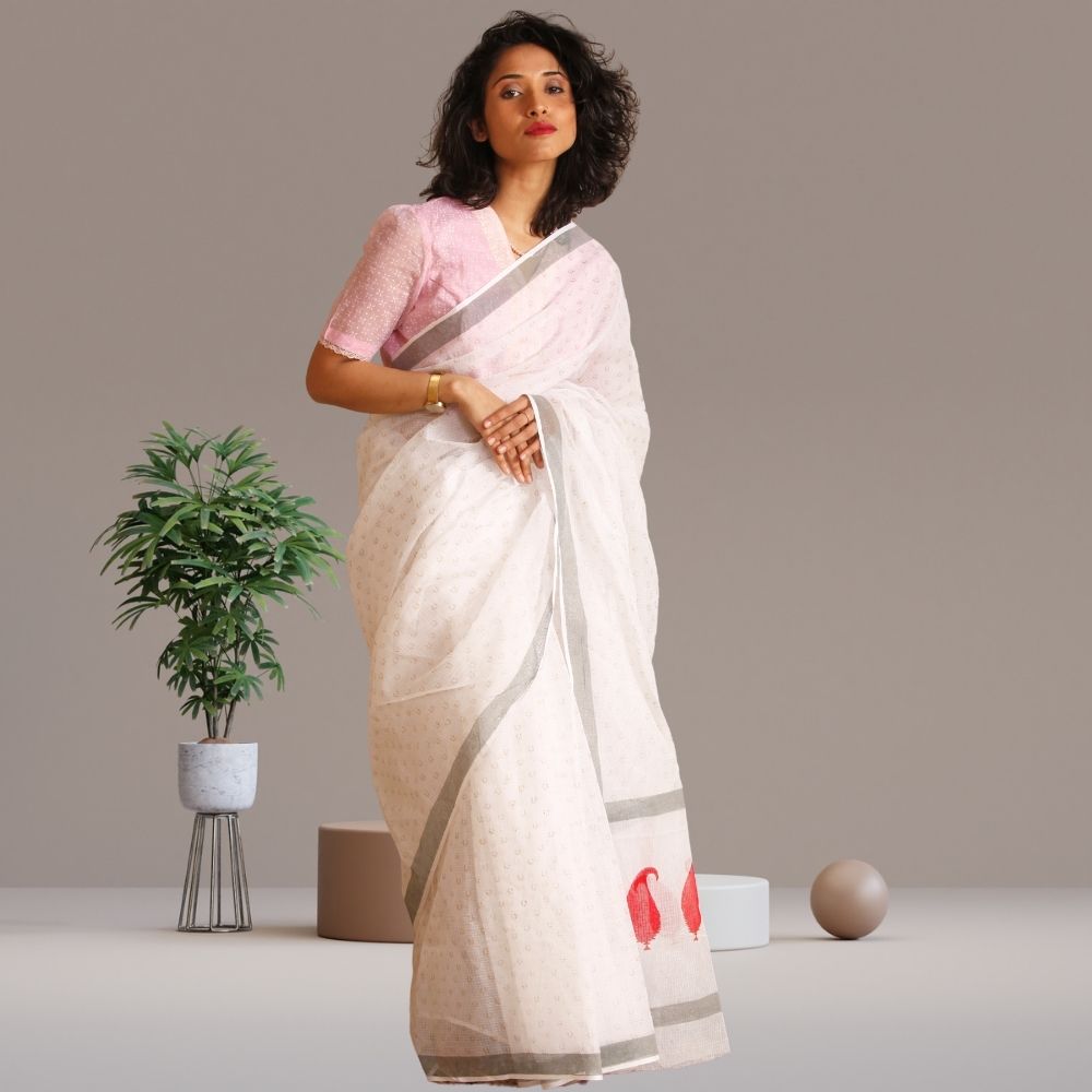 White Lilac Saree | Kota Silk | Hand Block Printed | Silk | Summery | White