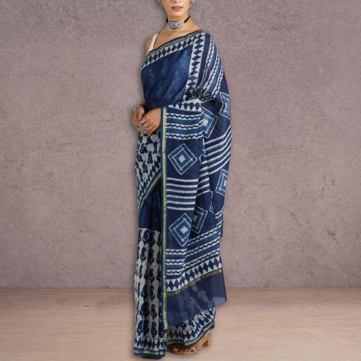 Indigo Blue Chanderi Silk Cotton Saree | Block Printed | Daily Wear