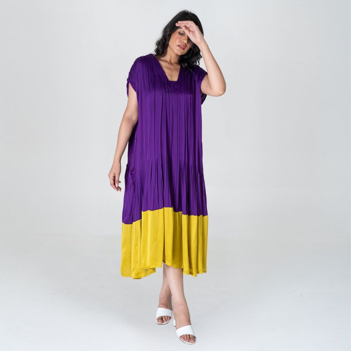 Purple-Yellow Color-Blocked Dress | Modal | Stylish Formal And Casual Wear