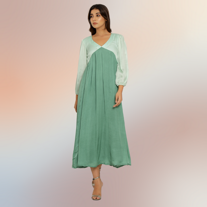 Teal Green-Tea Green Colour Block Maxi Dress | Bemberg Modal Silk MijhoIndia Teal Green-Tea Green Colour Block Maxi Dress | Bemberg Modal Silk MijhoIndia